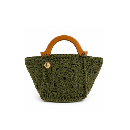 Crochet granny square handbag with wooden handle