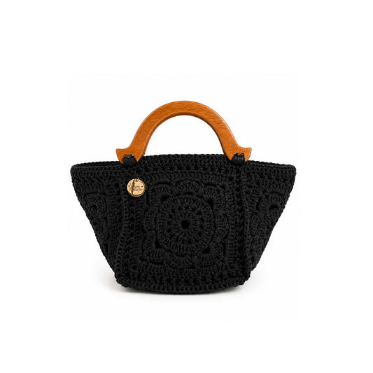 Crochet granny square handbag with wooden handle