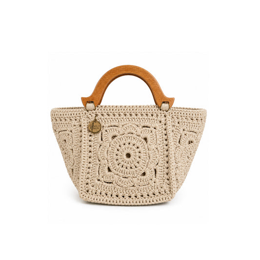 Crochet granny square handbag with wooden handle